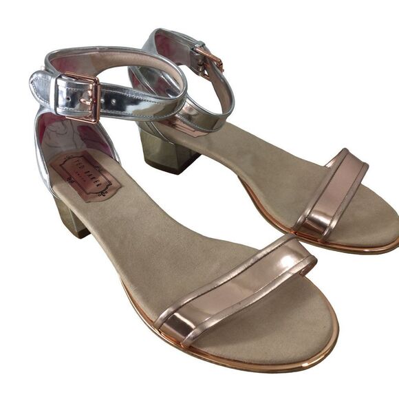 Ted Baker Women Ruz Block Metallic Mid Heeled Sandal Silver Rose Gold Us 10 EU40 - Picture 1 of 16